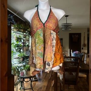 Y2K Asymmetrical Silk Boho Patchwork Halter Tank Top - Multicolor Beaded Details